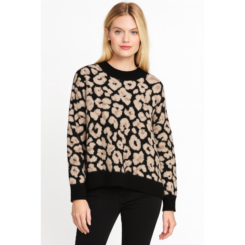 Vince Camuto Sweater Crew Neck Black Cream Print Pullover Size S